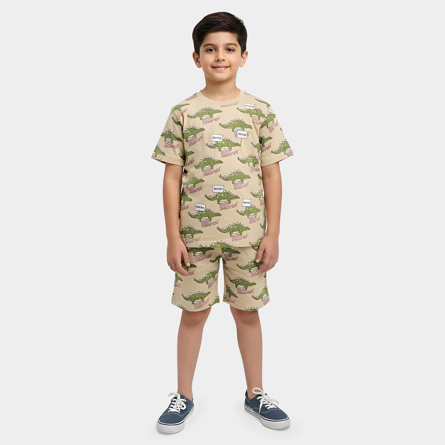 Boys Beige Cotton Round Neck Dinosaur Printed Night Suit, Beige, large