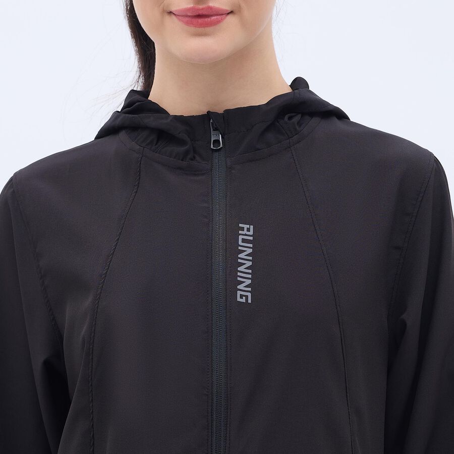 Women's Jet Black Hooded Athleisure Jacket, काला, large image number null
