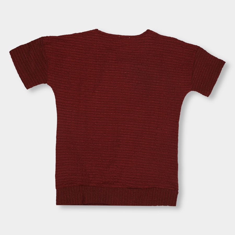 Girls' Deep Burgundy Round Neck Casual T-Shirt, Wine, large image number null