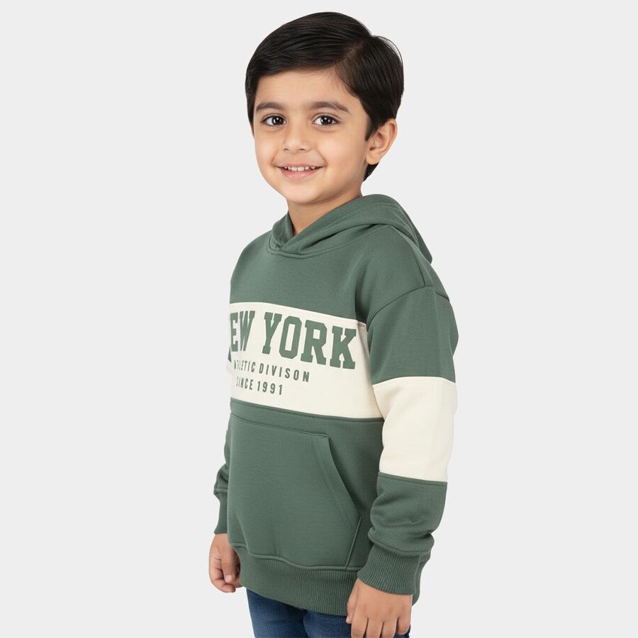 Boys Dark Sage Green Hooded Neck Graphic Sweatshirt, Dark Green, large image number null