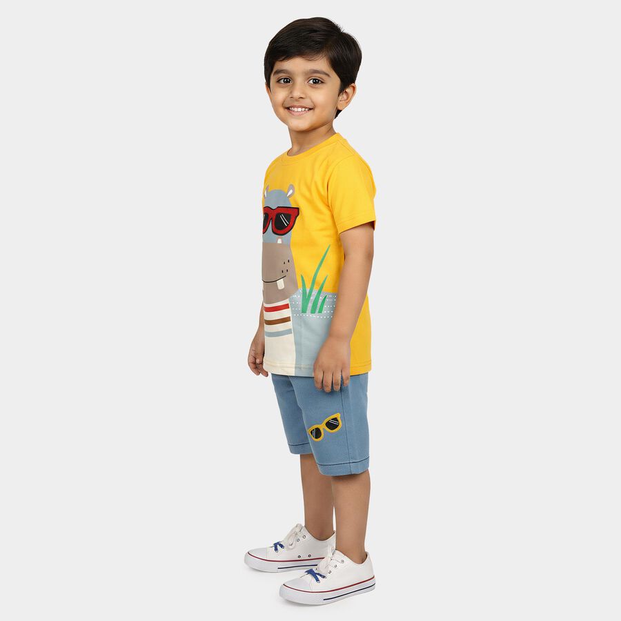 Boys' Yellow 100% Cotton Round Neck Graphic Print Baba Suit, मस्टर्ड, large