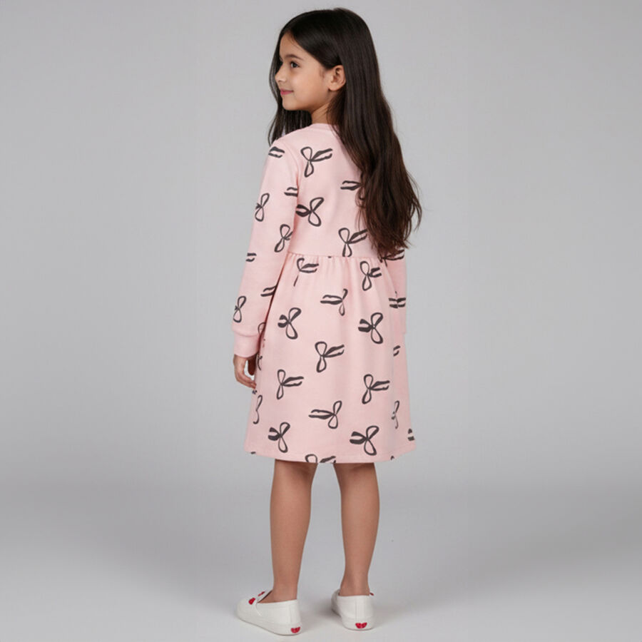 Girls' Soft Pink Bow Print A-Line Frock, Light Pink, large image number null