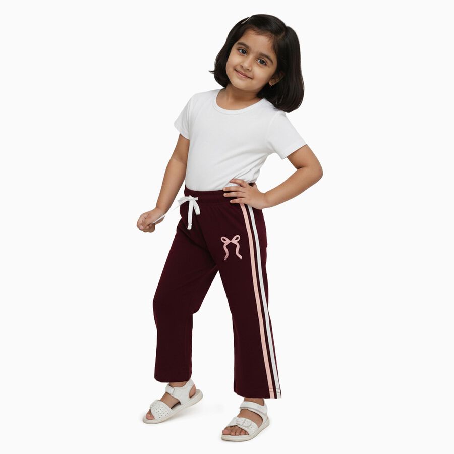 Girls' Deep Maroon Cotton Blend Bow Print Pyjama, वाइन, large image number null