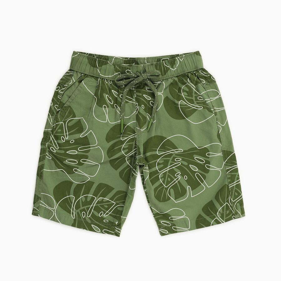 Boys' Tropical Green Cotton Printed Bermuda Shorts, ओलिव, large image number null