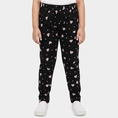 Girls Black Straight Fit Heart Printed Pyjama