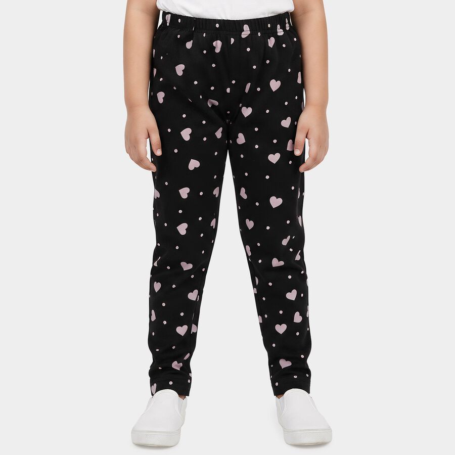 Girls Black Straight Fit Heart Printed Pyjama, काला, large