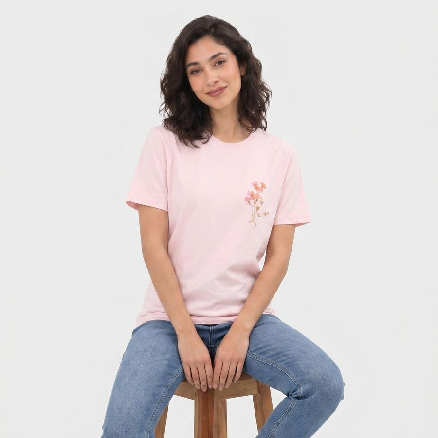 Women's Pink Cotton Round Neck Graphic Print T-Shirt, हल्का गुलाबी, large