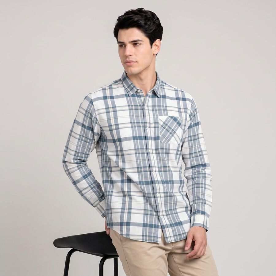 Men's Blue Cotton Long Sleeve Spread Collar Shirt, Mid Blue, large
