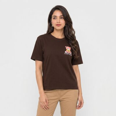 Women's Brown Cotton Round Neck Regular T-Shirt