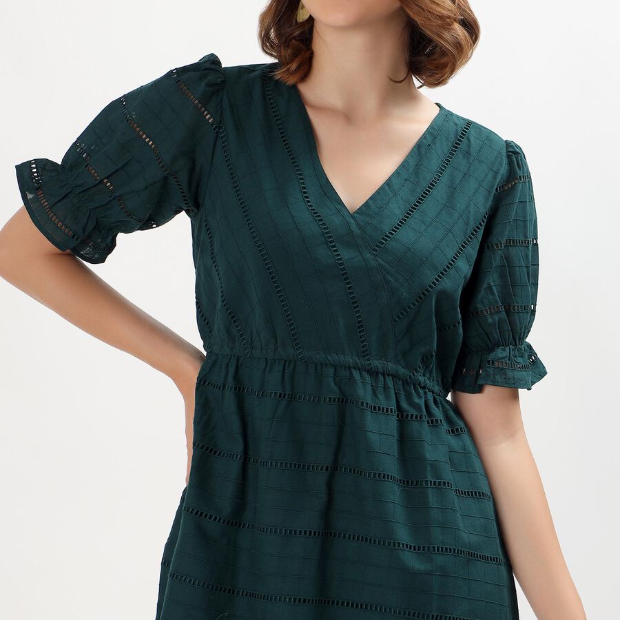 Women's Deep Forest Green Cotton V-Neck Empire Dress, गहरा हरा, large image number null