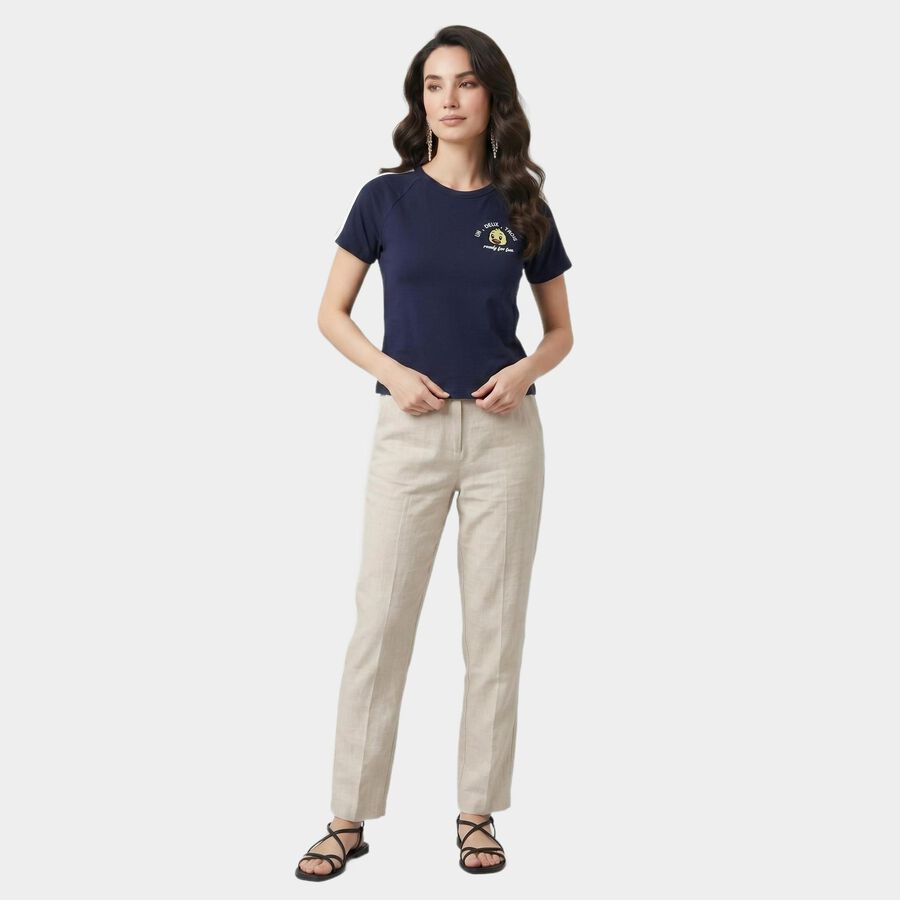 Women Navy Blue Round Neck Regular T-Shirt, नेवी ब्लू, large