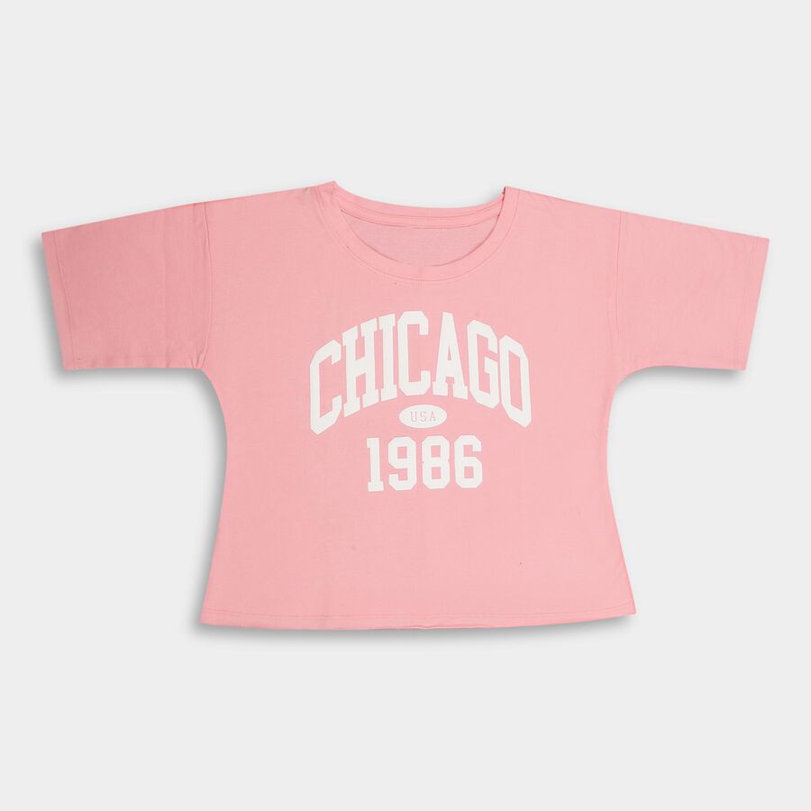 Girls' Light Pink Cotton Round Neck Casual T-Shirt, Light Pink, large image number null