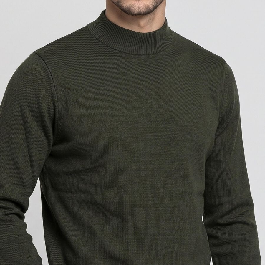 Men's Olive Green Mock Neck Solid Pullover, Olive, large