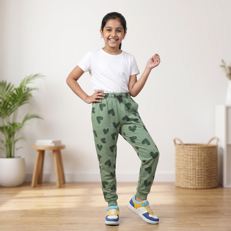 Girls' Sage Green Heart Printed Drawstring Pyjama, Light Green, large