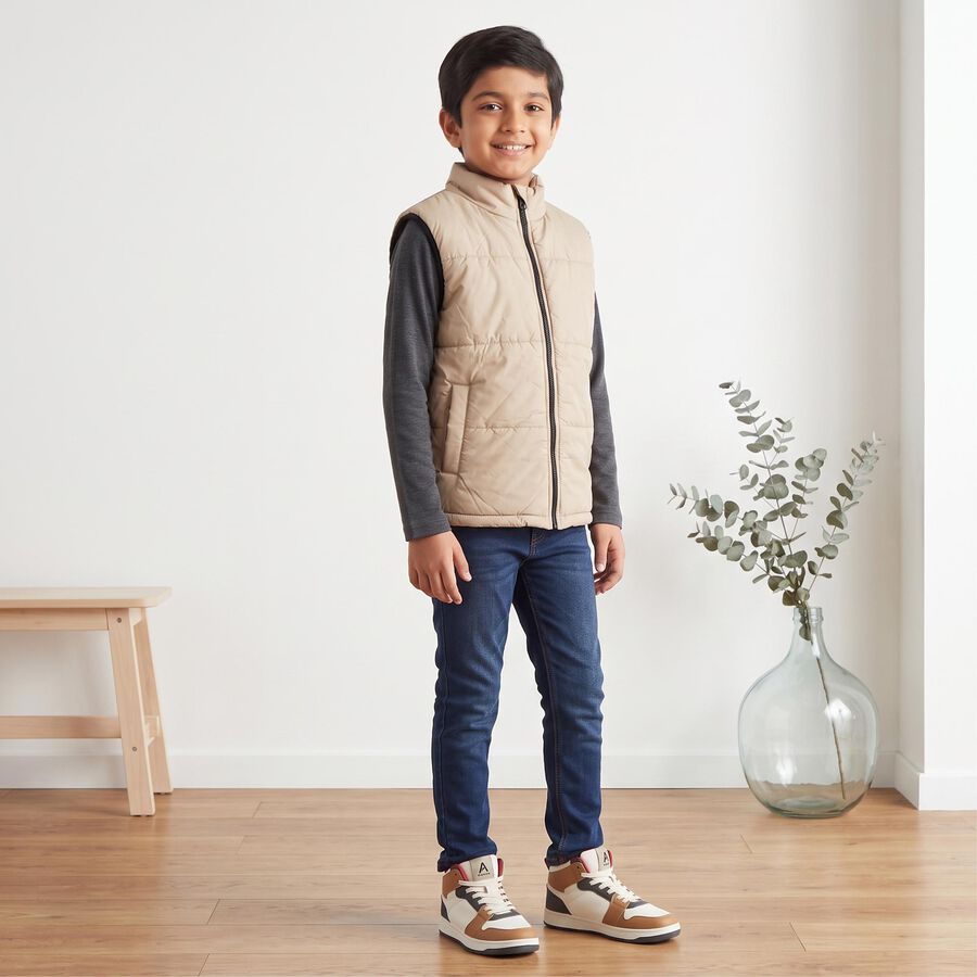 Boys Beige Stand Collar Puffer Jacket, Beige, large