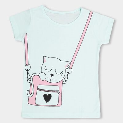 Girls' Light Mint Green Cotton Blend Round Neck Casual T-Shirt