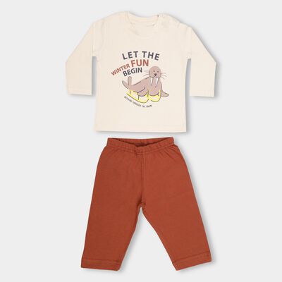 Infants' Beige Cotton Round Neck Graphic Baba Suit