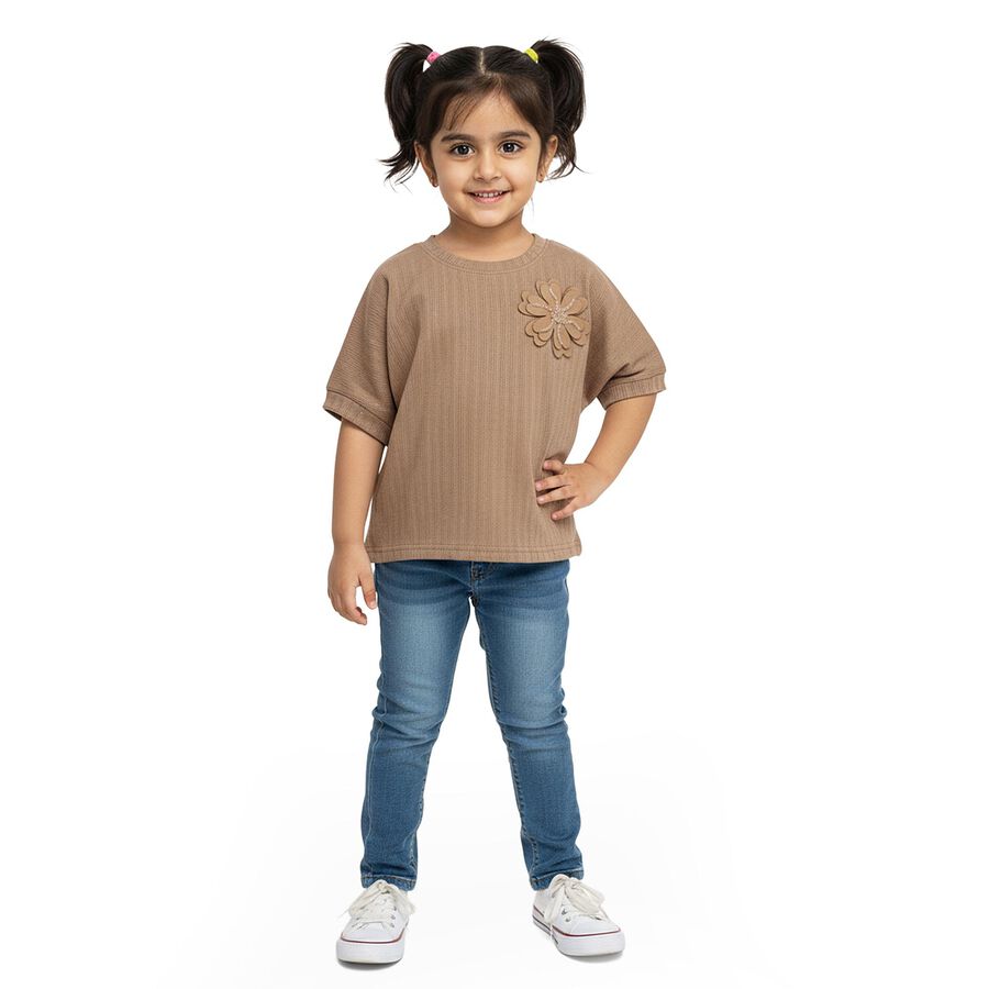 Girls' Muted Earthy Brown Crew Neck Romantic T-Shirt, Brown, large