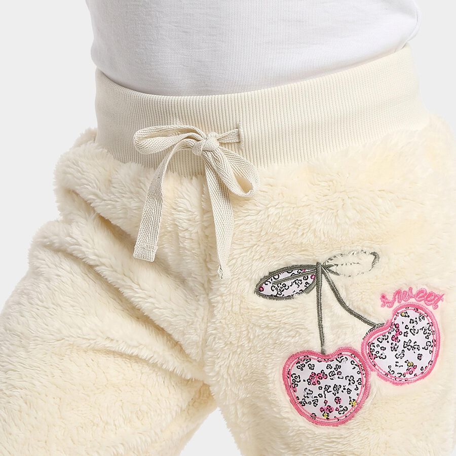 Girls' White Jogger Fit Cherry Applique Pyjama, सफ़ेद, large