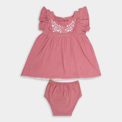 Girls' Dusty Rose Pink Regular Fit Round Neck Frock