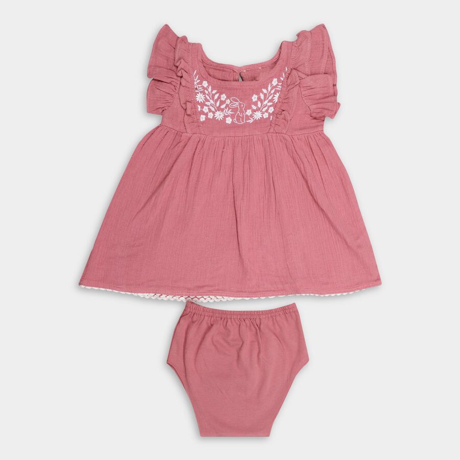 Girls' Dusty Rose Pink Regular Fit Round Neck Frock, Light Pink, large image number null