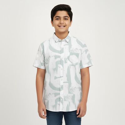 Boys' Light Sage Green Cotton Half Sleeve Button-Down Casual Shirt
