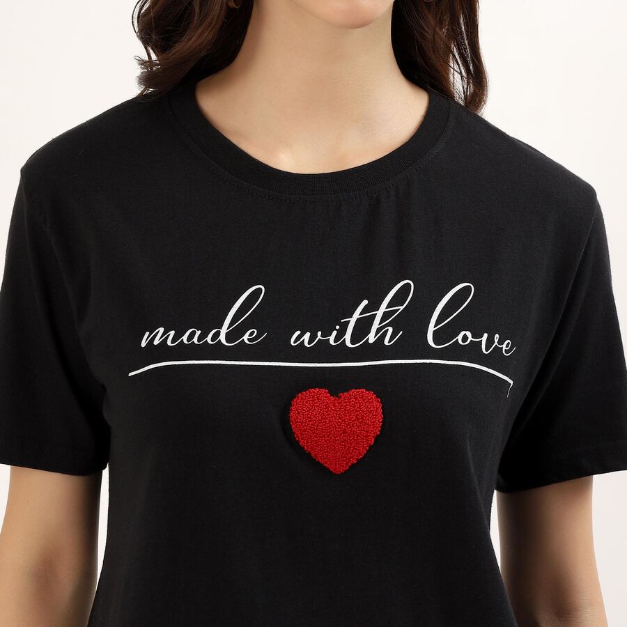 Women's Jet Black Cotton Round Neck Casual T-Shirt, काला, large image number null