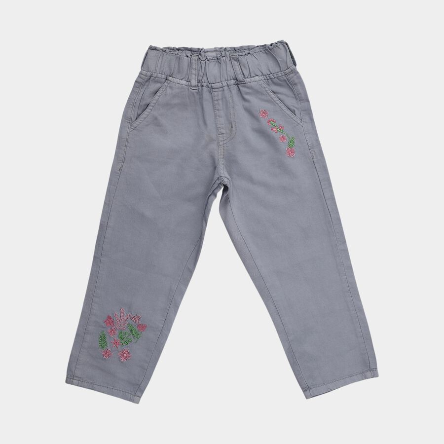 Girls' Muted Steel Grey Relaxed Fit Floral Embroidered Jeans, Light Grey, large