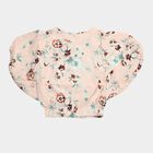 Girls' Peach Round Neck Floral Printed Puff Sleeve T-Shirt, Peach, small