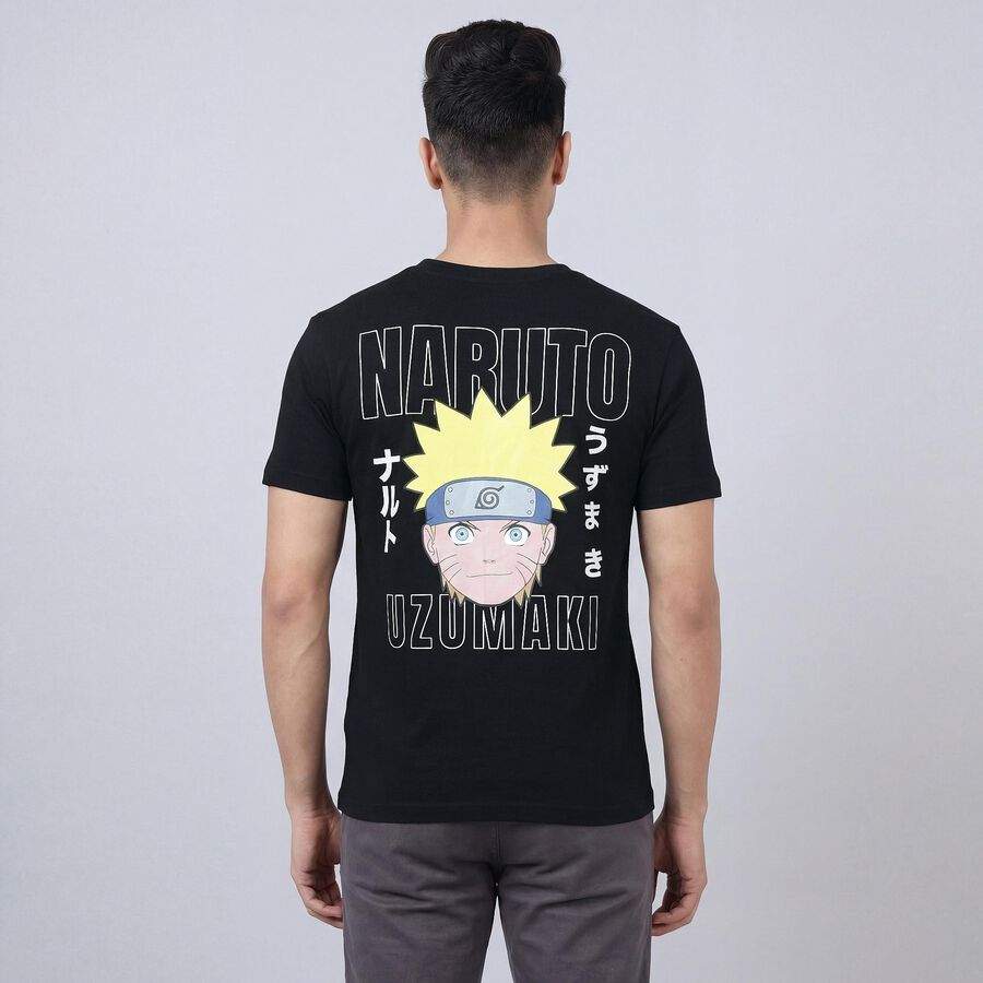 Men's Black Cotton Round Neck Casual T-Shirt, Black, large