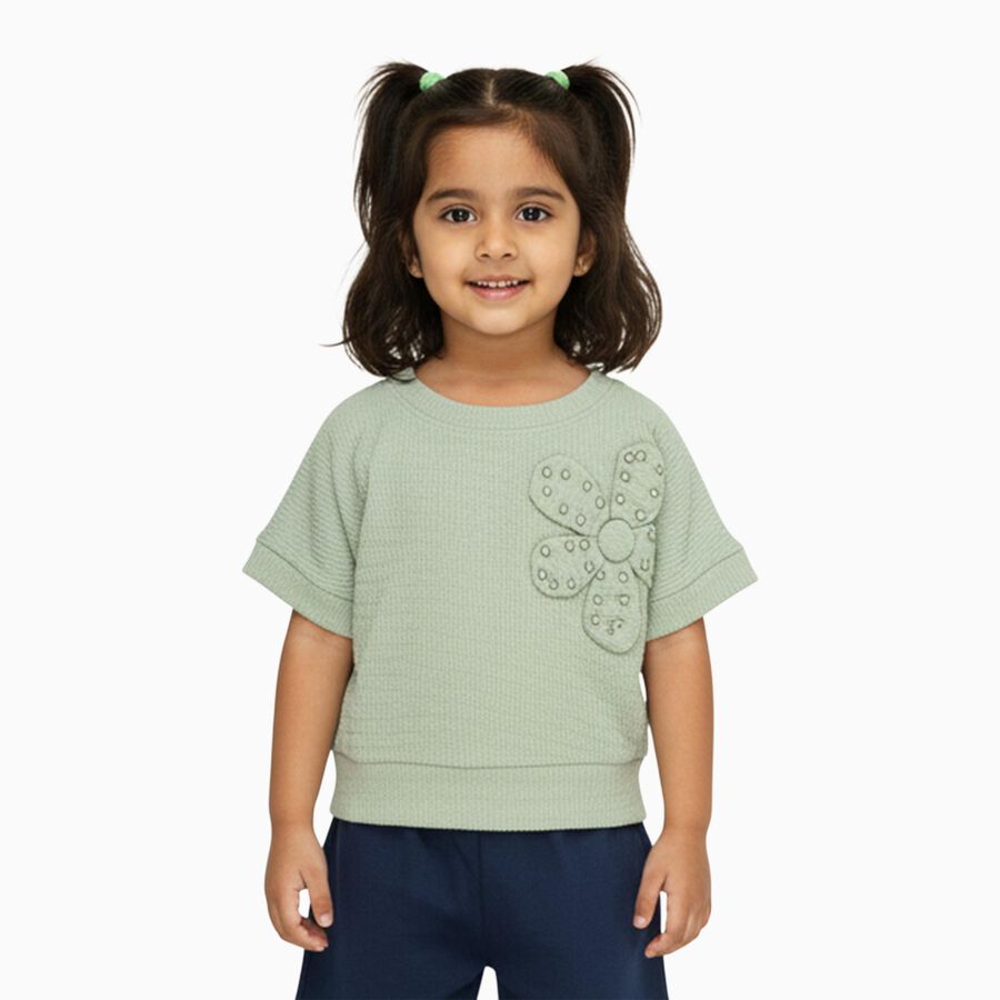 Girls Light Sage Green Round Neck Casual T-Shirt, Light Green, large image number null