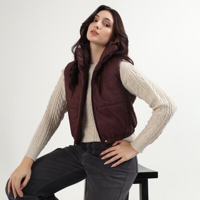 Women's Deep Maroon High Neck Sleeveless Puffer Jacket