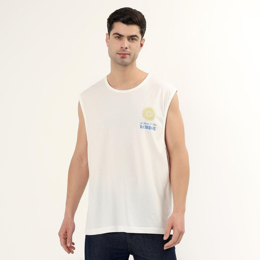 Men's White Round Neck Sleeveless Graphic T-Shirt, White, large