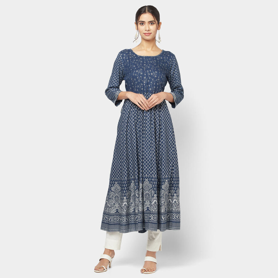 3/4Th Sleeves Flared Kurta, Navy Blue, large image number null