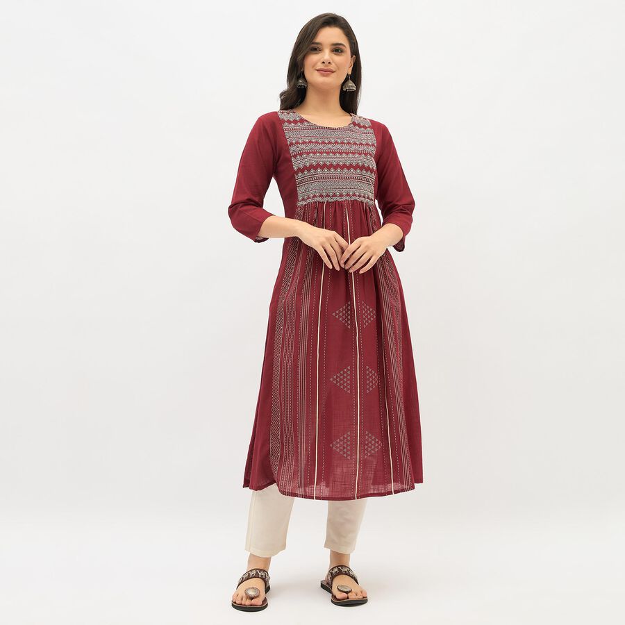 Women's Maroon Cotton Round Neck Printed Kurta, Maroon, large image number null