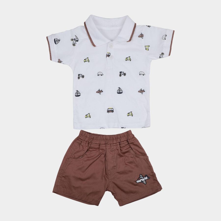 Infants' Brown Cotton Round Neck Cartoon Print Baba Suit, भूरा, large