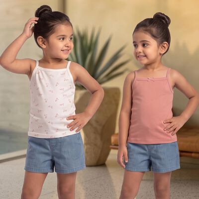Girls Pink Cotton Sleeveless Straight Neck Vest