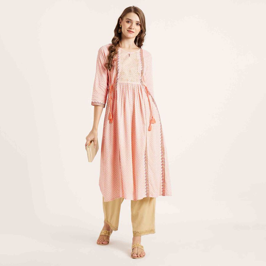 Embroidered 3/4th Sleeve Kurta, White, large image number null