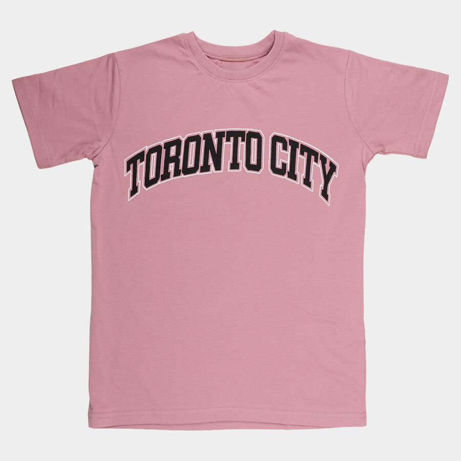 Boys Pink Round Neck Casual Half Sleeve T-Shirt, Pink, large