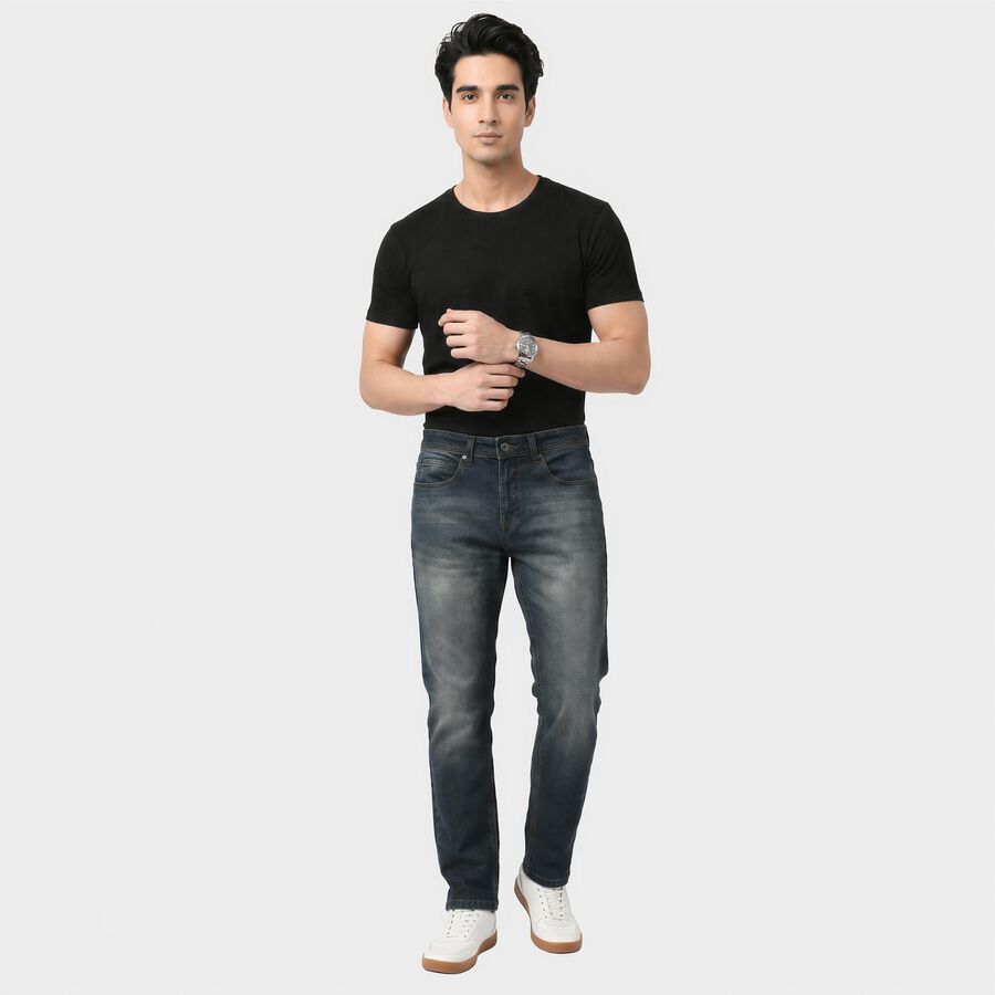 Men's Navy Blue Slim Fit Faded Jeans, Dark Blue, large