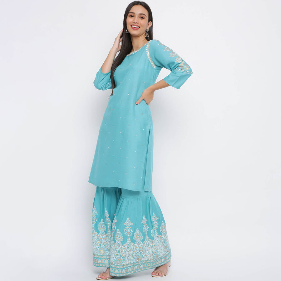 Embroidered Flared 3/4th Sleeves Kurta, Mid Blue, large image number null