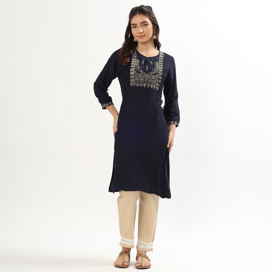 Women's Deep Midnight Navy Round Neck Embroidered Kurta, नेवी ब्लू, large image number null