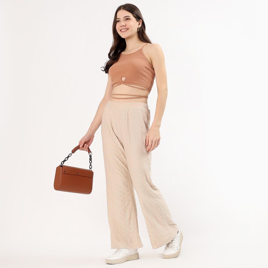 Women's Soft Beige Wide-Leg Lace Trousers, Beige, large