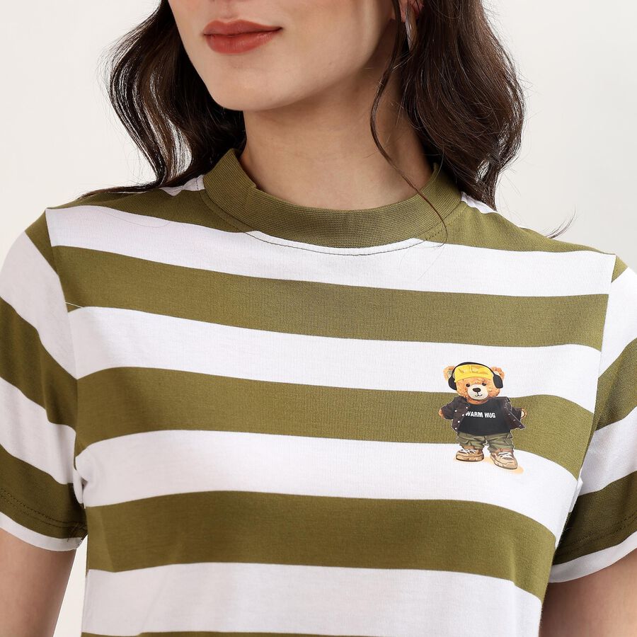 Women's Olive Round Neck Casual T-Shirt, Olive, large