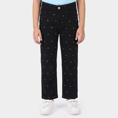 Girls Black Straight Fit Printed Jeans