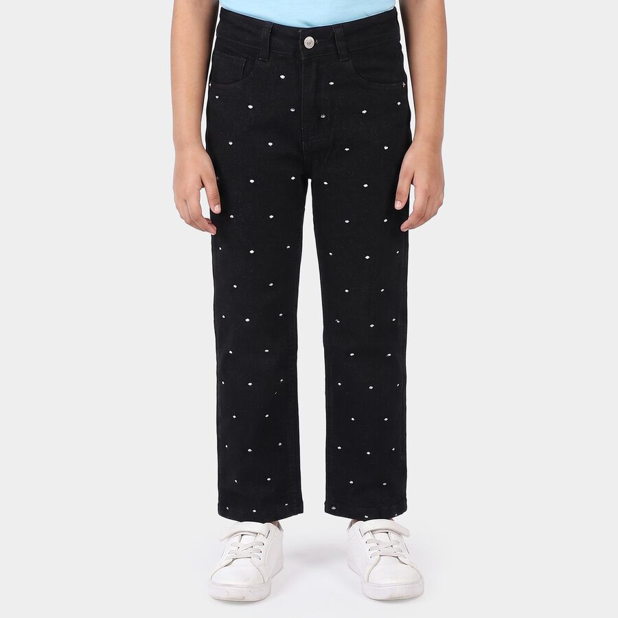 Girls Black Straight Fit Printed Jeans, Black, large
