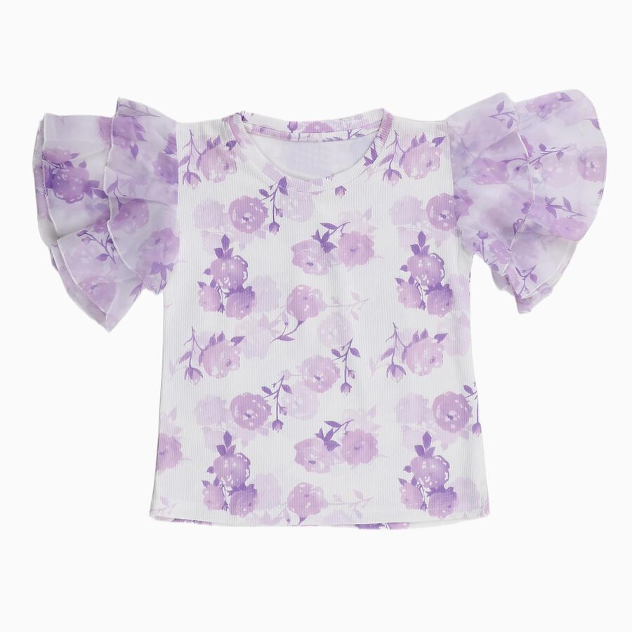 Girls' Soft Lavender Purple Round Neck Casual Floral Printed T-Shirt, लाइलेक, large