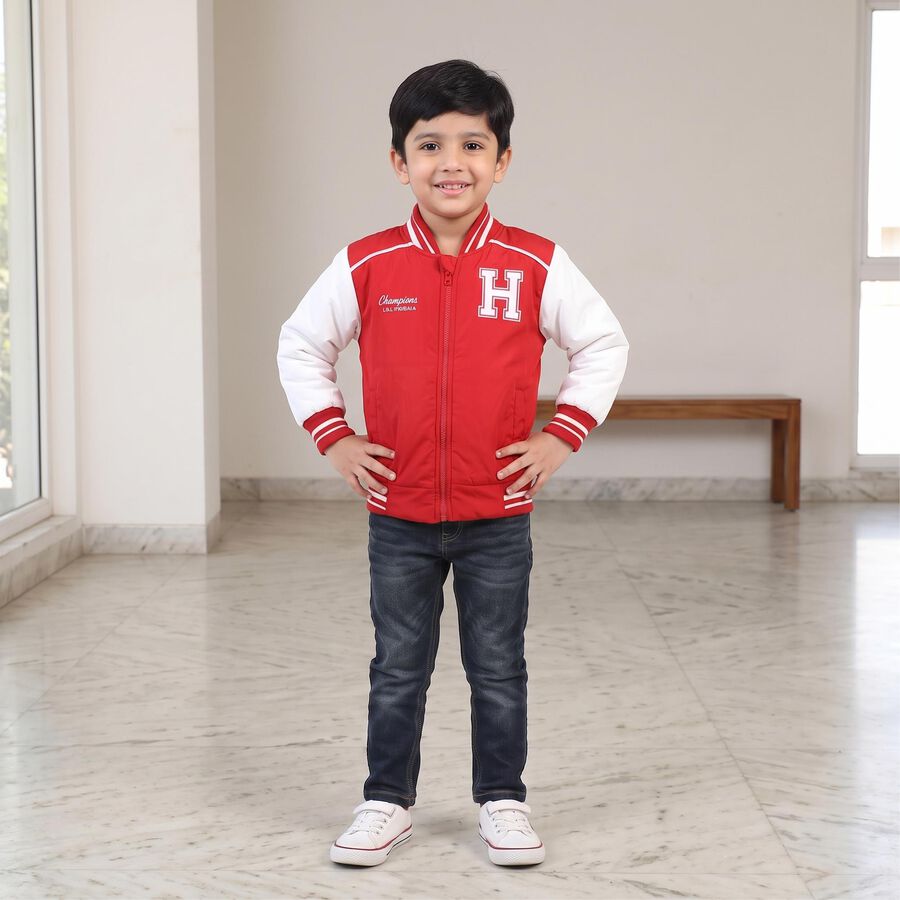 Boys Maroon Stand Collar Varsity Jacket, मरून, large