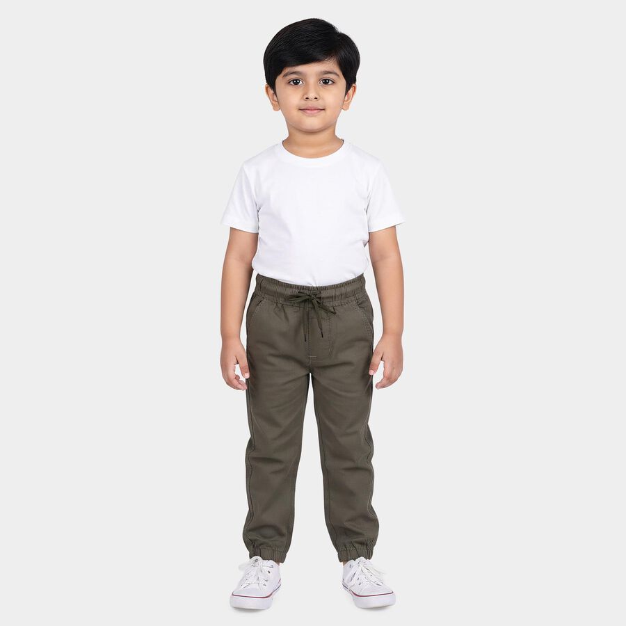 Boys Olive Green Regular Fit Solid Trousers, ओलिव, large