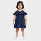 Girls' Deep Indigo Blue Regular Fit Cold Shoulder Embroidered Frock, Dark Blue, small